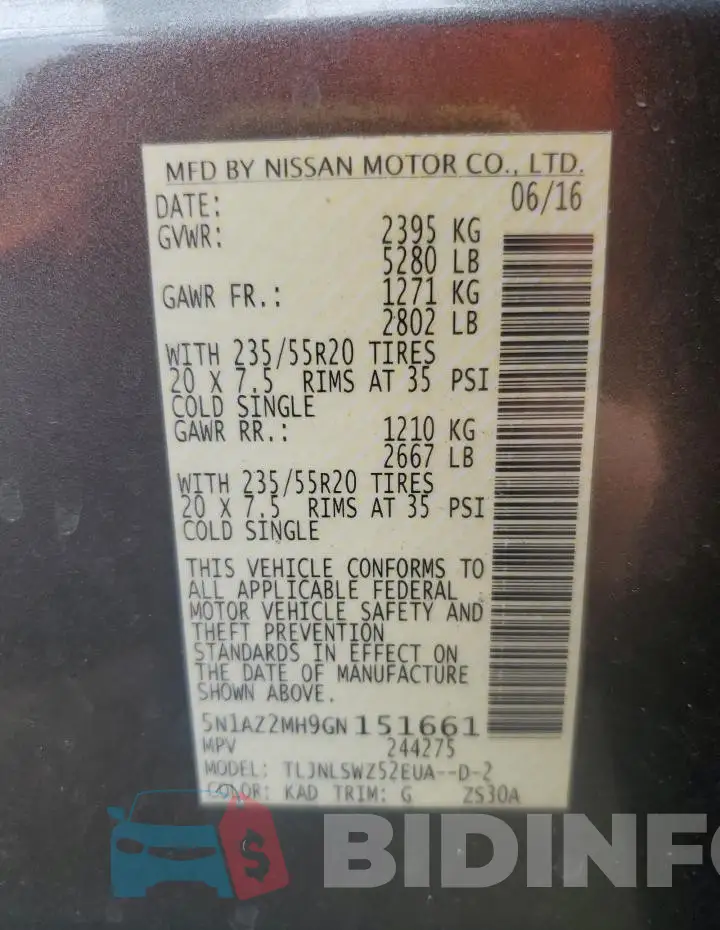 5N1AZ2MH9GN151661 Photo# 14