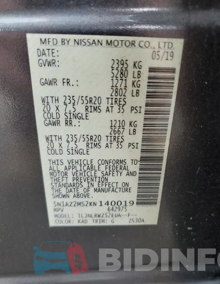 5N1AZ2MS2KN140019 Photo# 14
