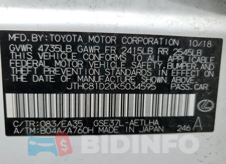 JTHC81D20K5034595 Photo# 12