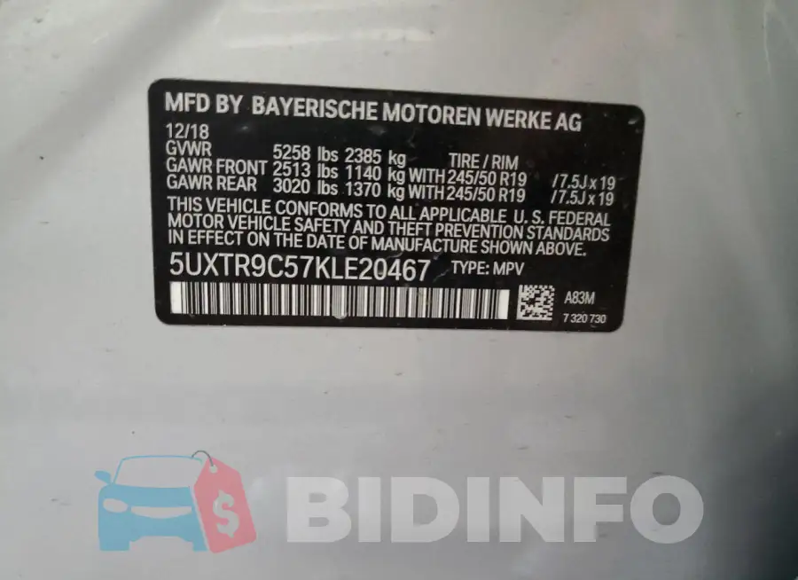 5UXTR9C57KLE20467 Photo# 14