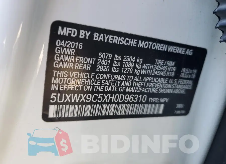 5UXWX9C5XH0D96310 Photo# 13