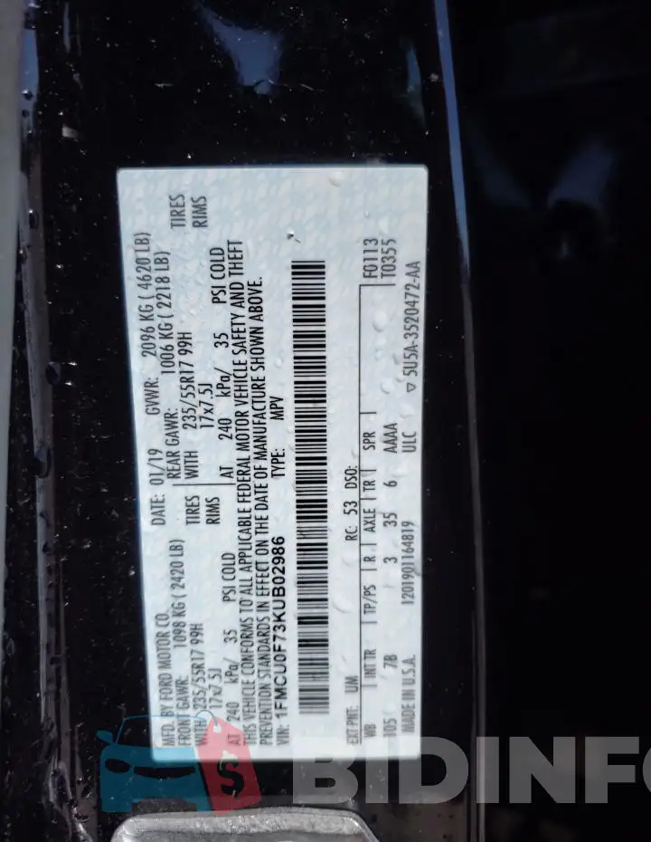1FMCU0F73KUB02986 Photo# 13