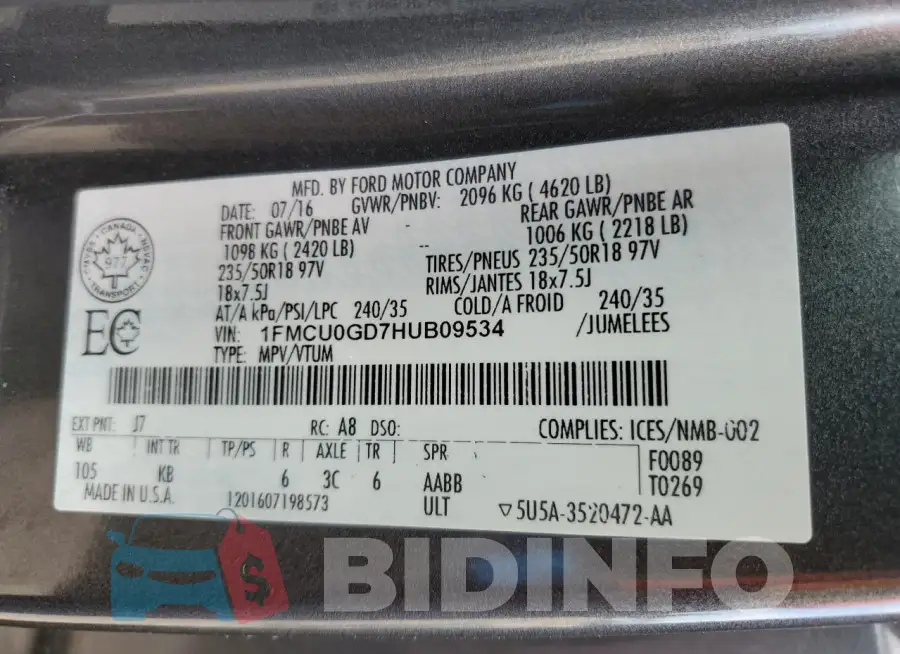 1FMCU0GD7HUB09534 Photo# 13