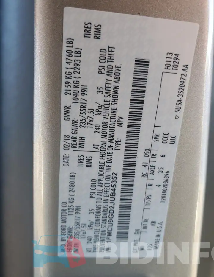 1FMCU9GD2JUB45352 Photo# 13