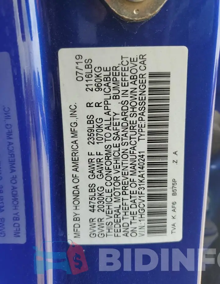 1HGCV1F31KA140241 Photo# 12