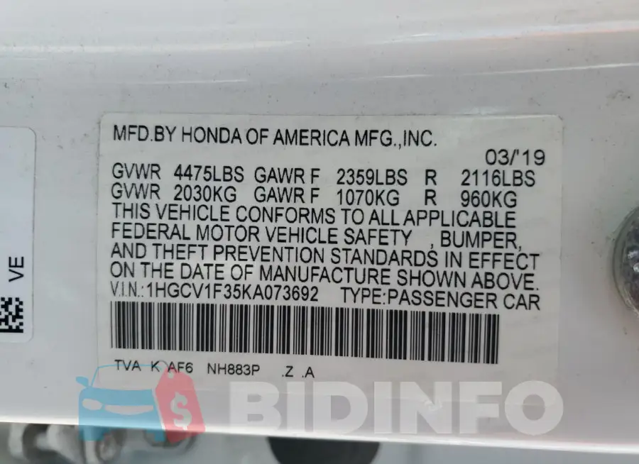 1HGCV1F35KA073692 Photo# 13