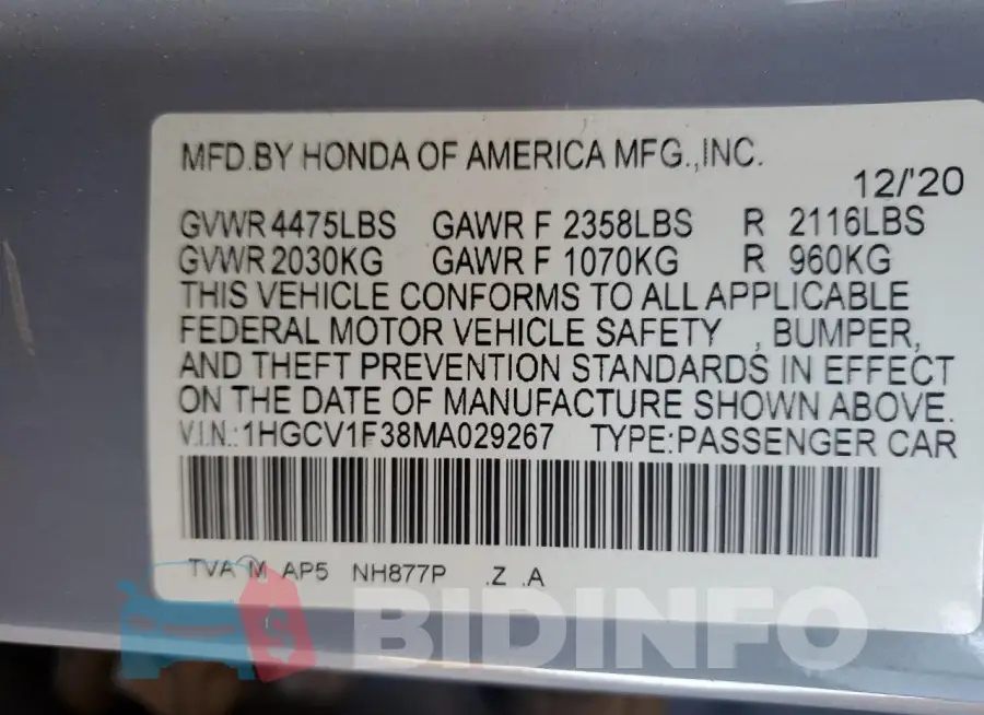 1HGCV1F38MA029267 Photo# 12