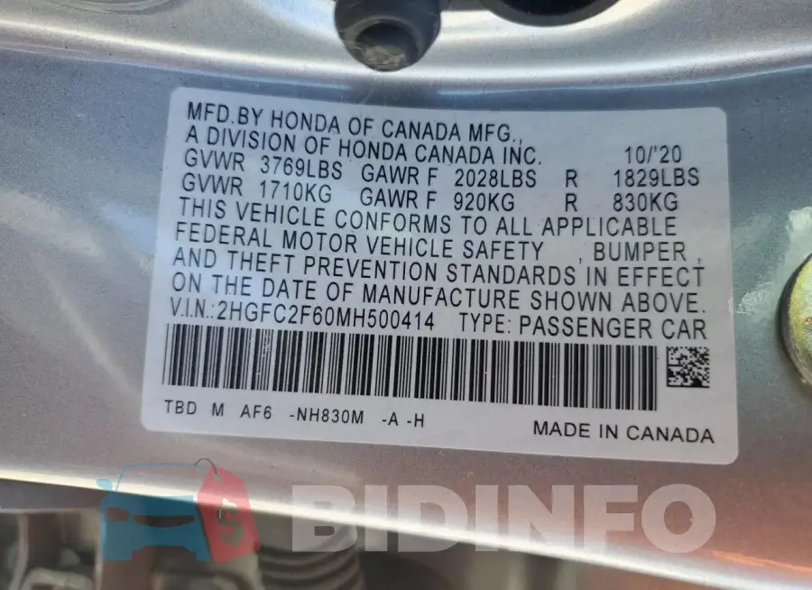 2HGFC2F60MH500414 Photo# 12