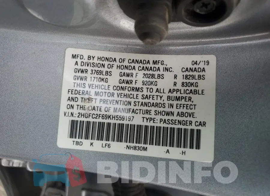 2HGFC2F69KH559197 Photo# 13