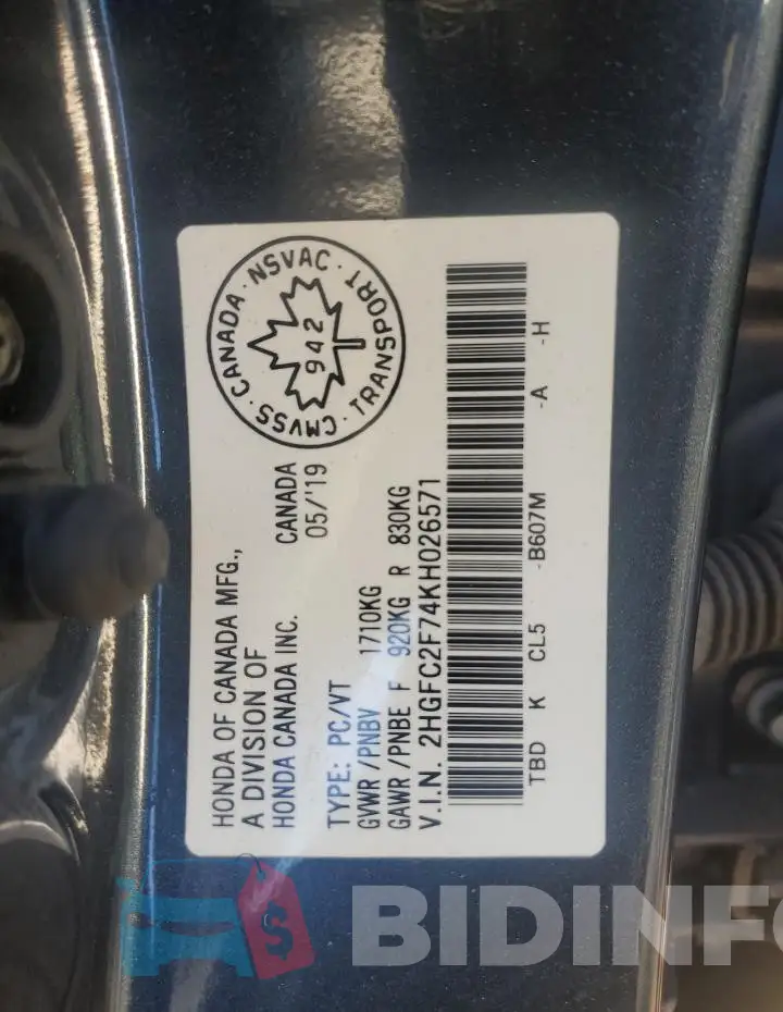 2HGFC2F74KH026571 Photo# 12