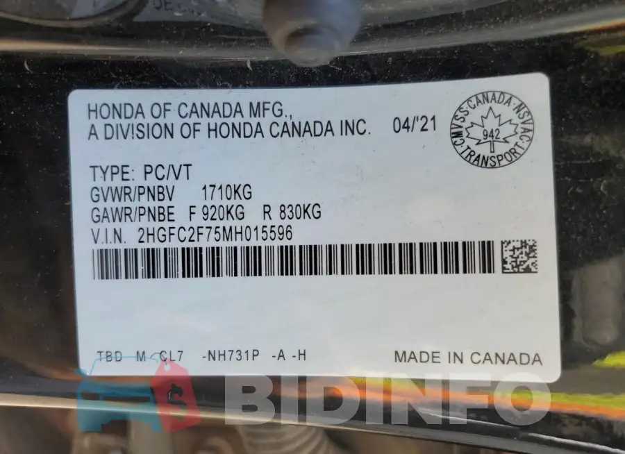 2HGFC2F75MH015596 Photo# 12