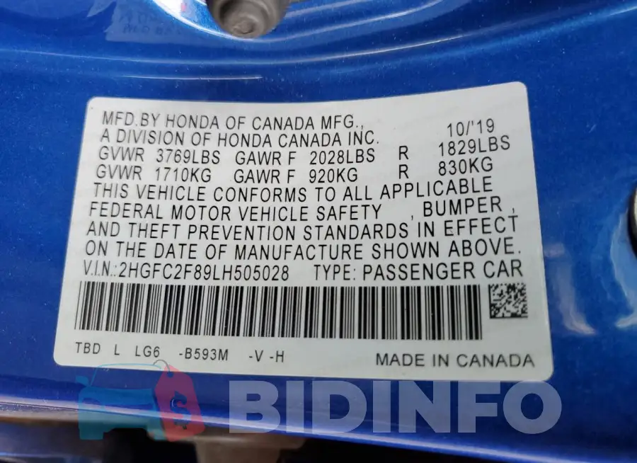 2HGFC2F89LH505028 Photo# 12