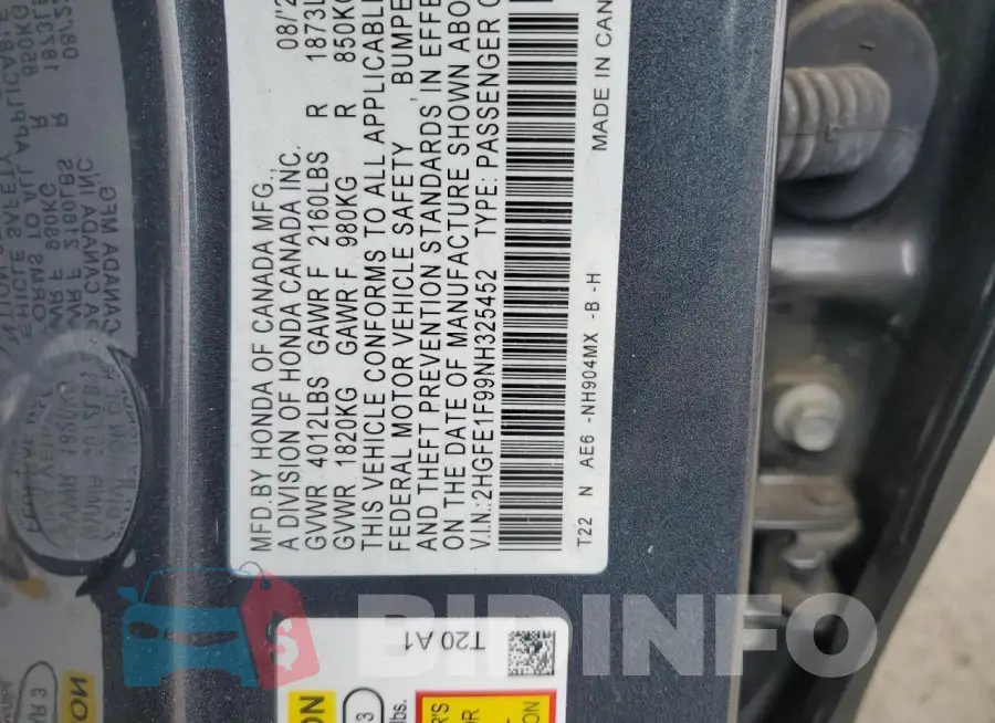 2HGFE1F99NH325452 Photo# 12