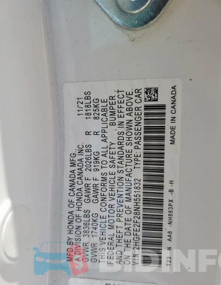 2HGFE2F28NH551832 Photo# 12