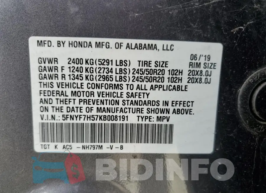 5FNYF7H57KB008191 Photo# 12