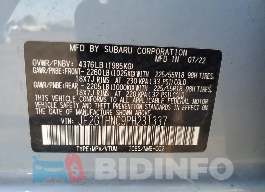 JF2GTHNC9PH231337 Photo# 13