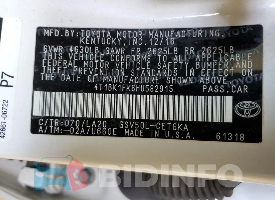 4T1BK1FK6HU582915 Photo# 13