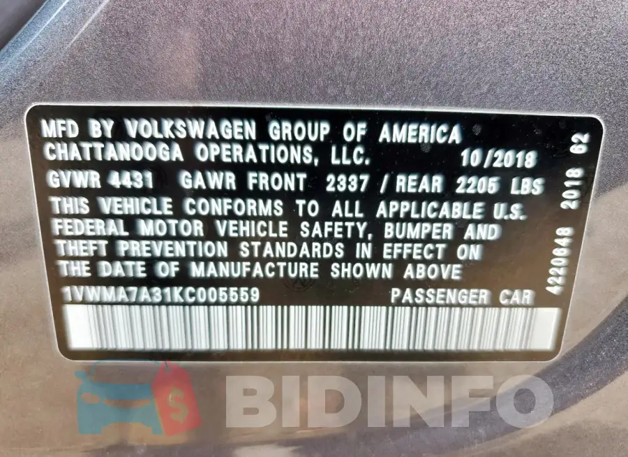 1VWMA7A31KC005559 Photo# 12