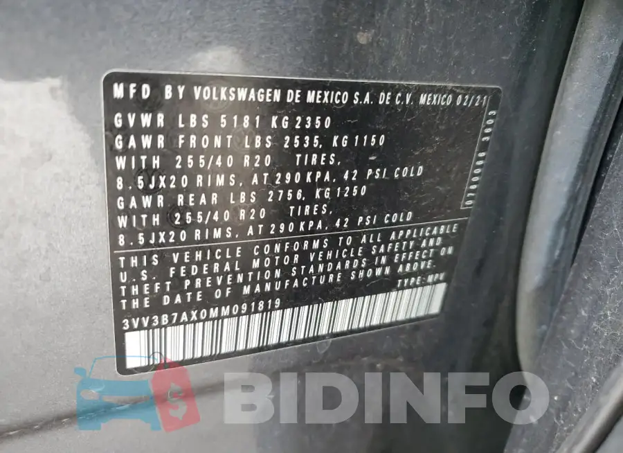 3VV3B7AX0MM091819 Photo# 14