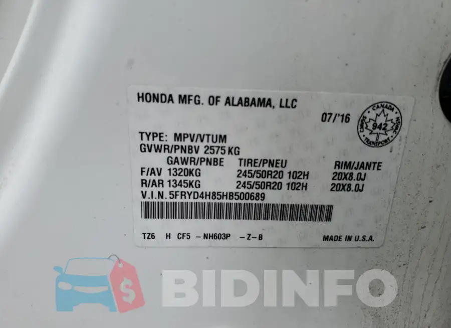 5FRYD4H85HB500689 Photo# 14