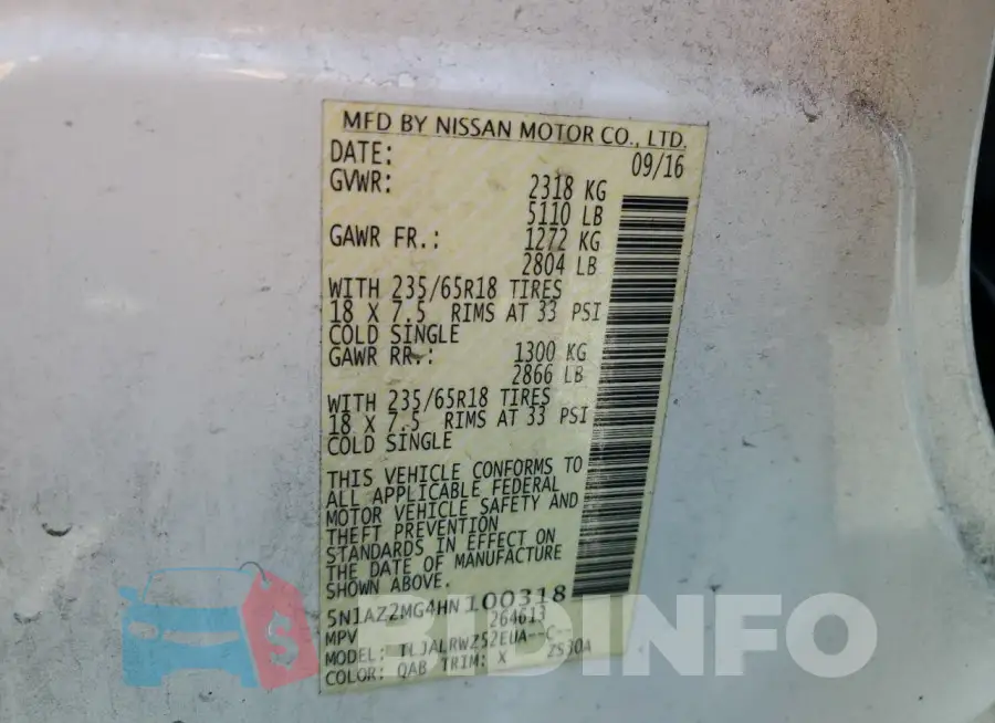 5N1AZ2MG4HN100318 Photo# 13