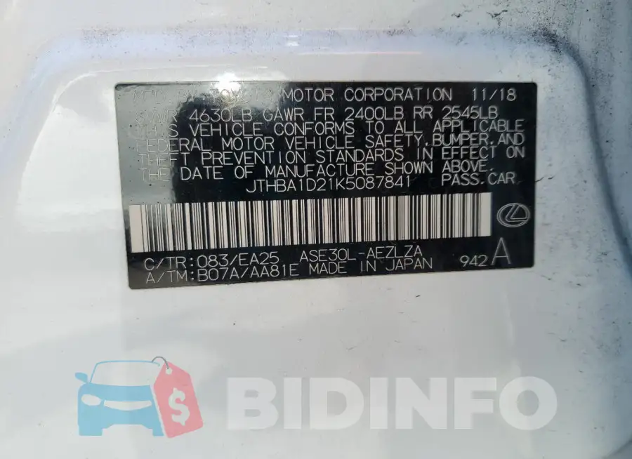 JTHBA1D21K5087841 Photo# 13