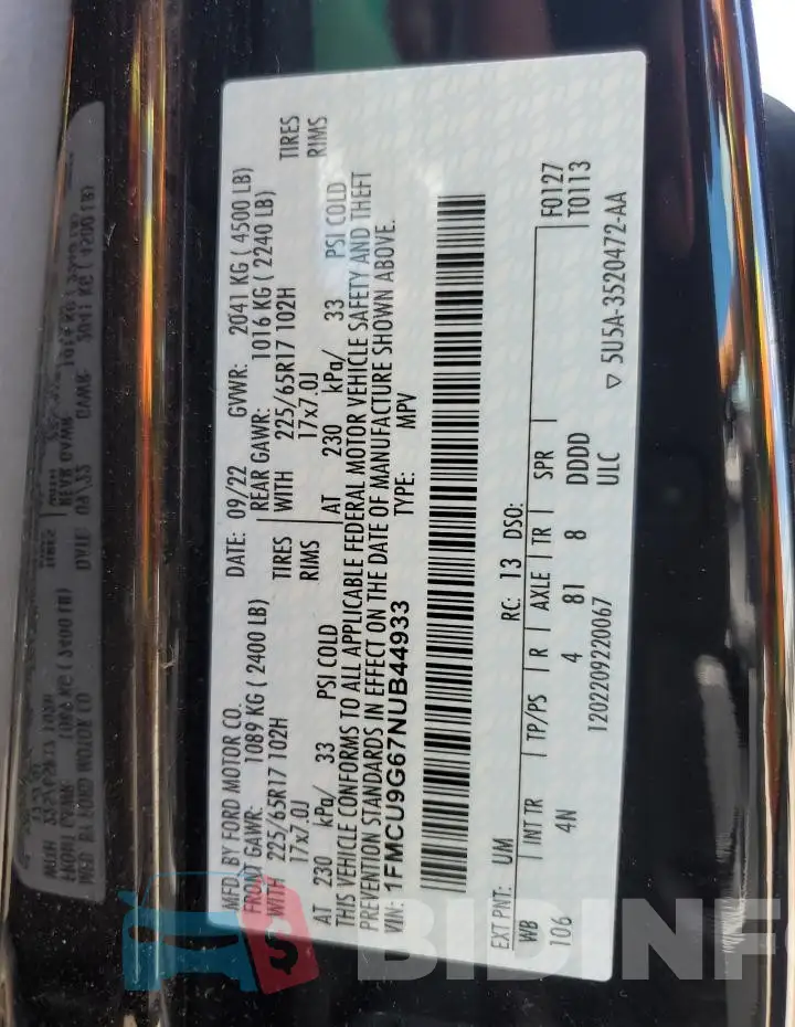 1FMCU9G67NUB44933 Photo# 14