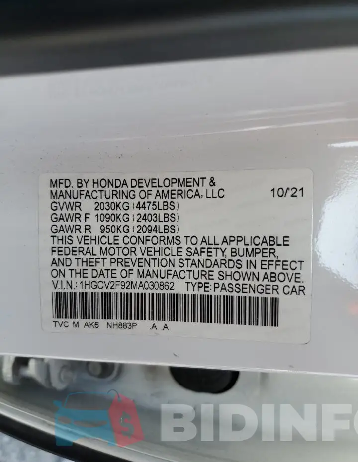 1HGCV2F92MA030862 Photo# 12