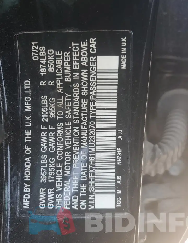 SHHFK7H61MU232070 Photo# 12