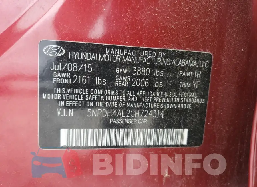 5NPDH4AE2GH724314 Photo# 12