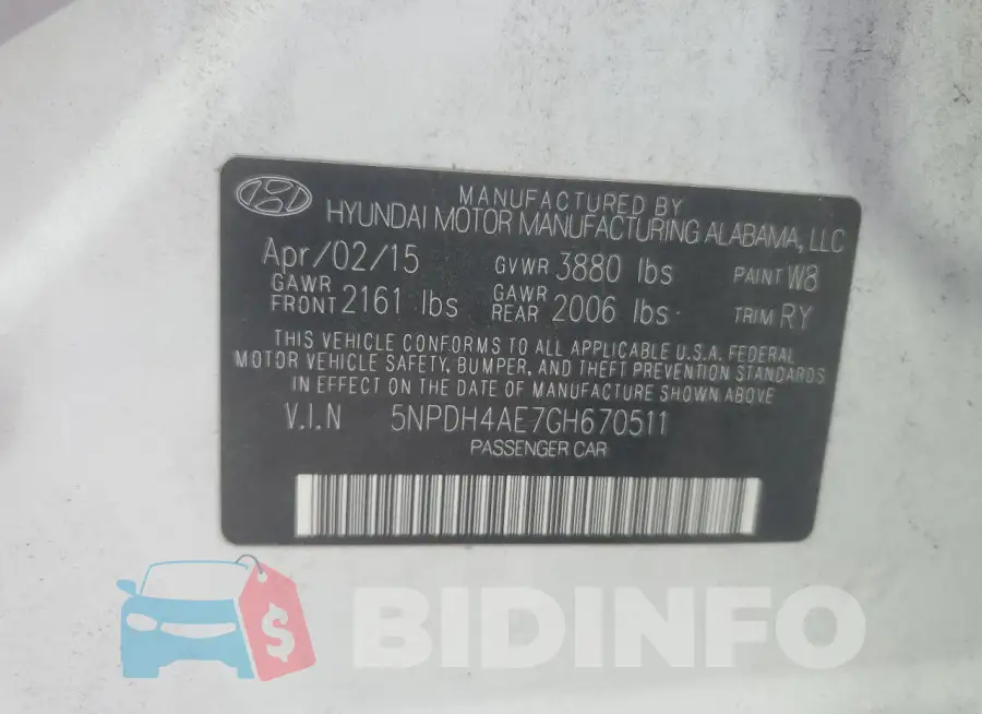 5NPDH4AE7GH670511 Photo# 12