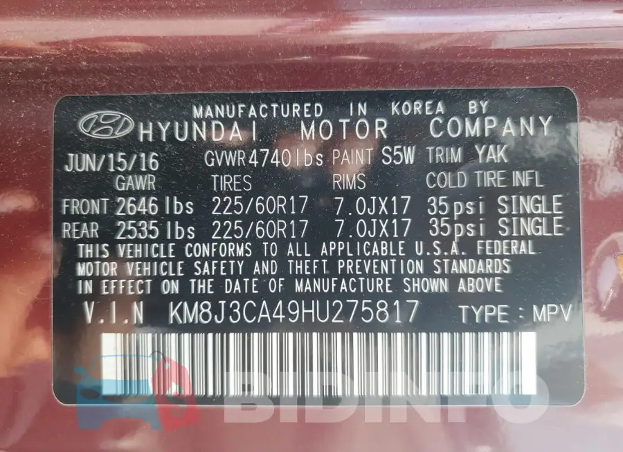 KM8J3CA49HU275817 Photo# 14