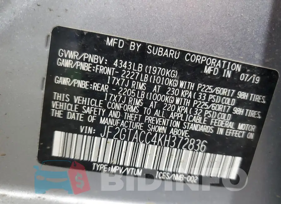 JF2GTACC4KH372836 Photo# 13