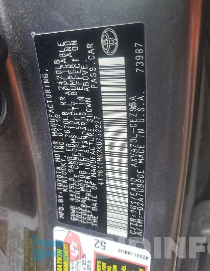 4T1B11HK3KU732227 Photo# 12