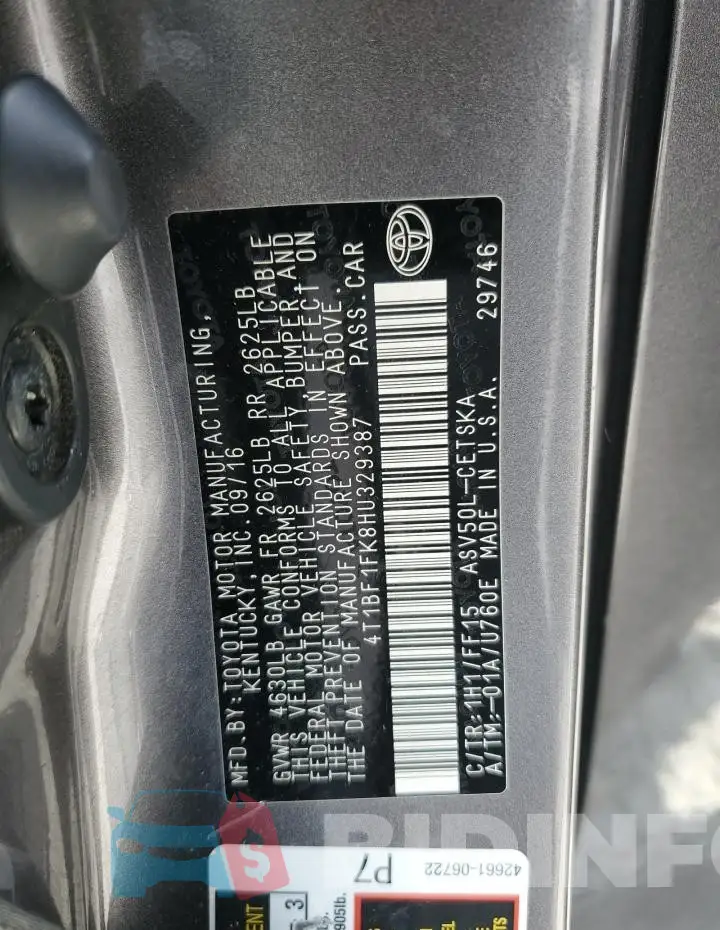 4T1BF1FK8HU329387 Photo# 12