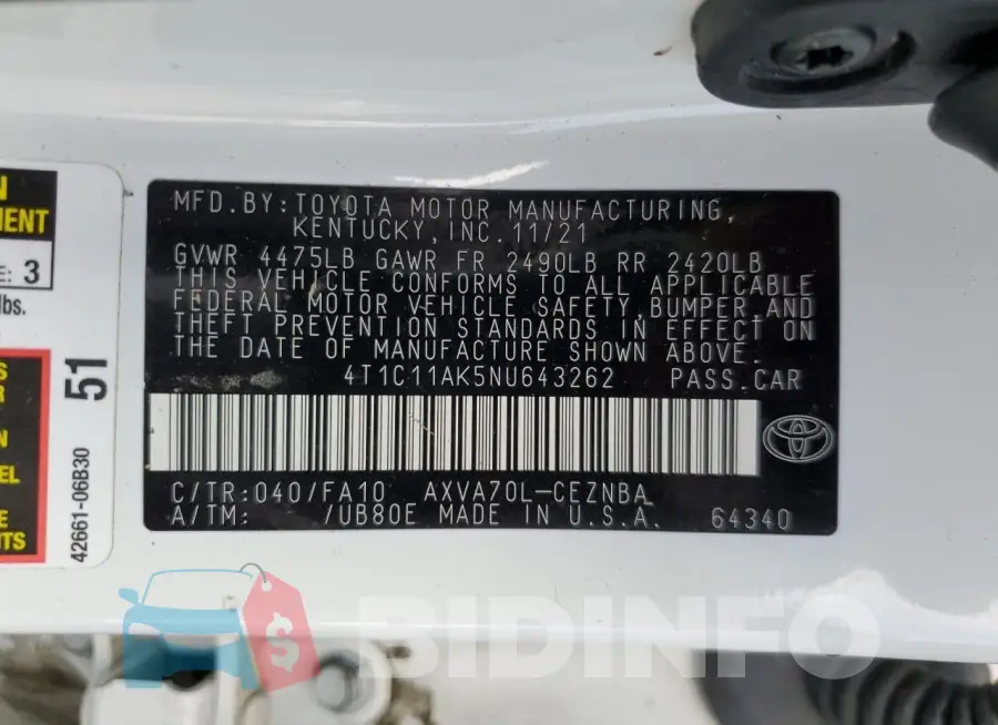 4T1C11AK5NU643262 Photo# 13