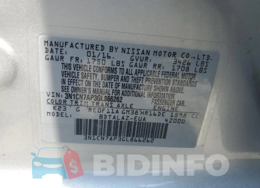 3N1CN7AP3GL866262 Photo# 12
