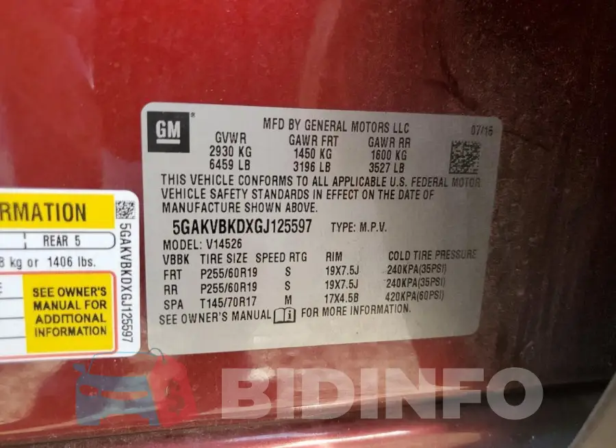 5GAKVBKDXGJ125597 Photo# 13