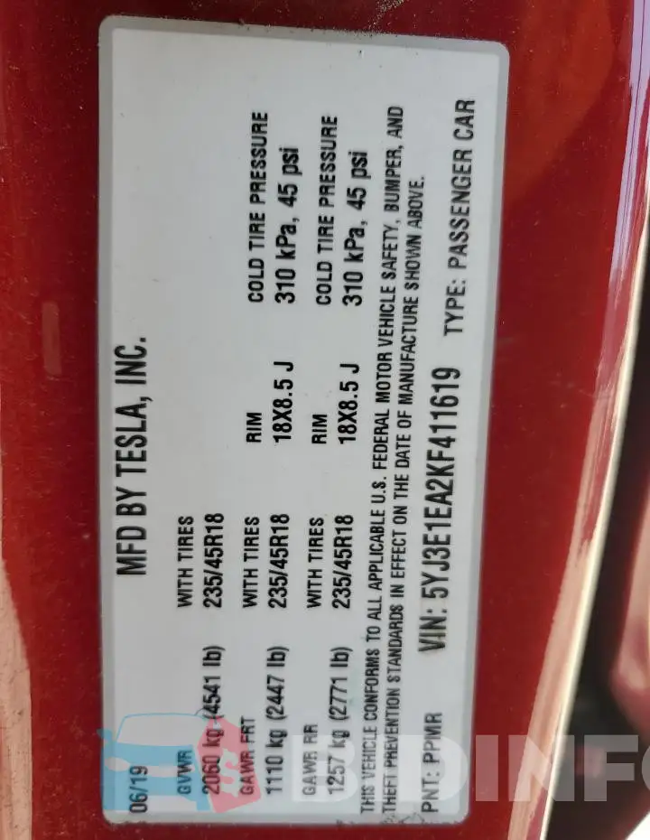 5YJ3E1EA2KF411619 Photo# 12