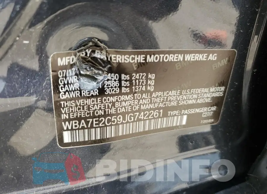 WBA7E2C59JG742261 Photo# 12