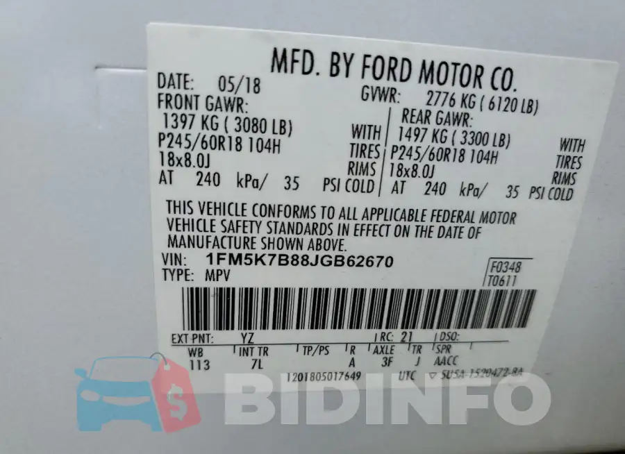 1FM5K7B88JGB62670 Photo# 14