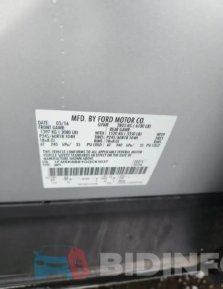 1FM5K8B81GGC61037 Photo# 12