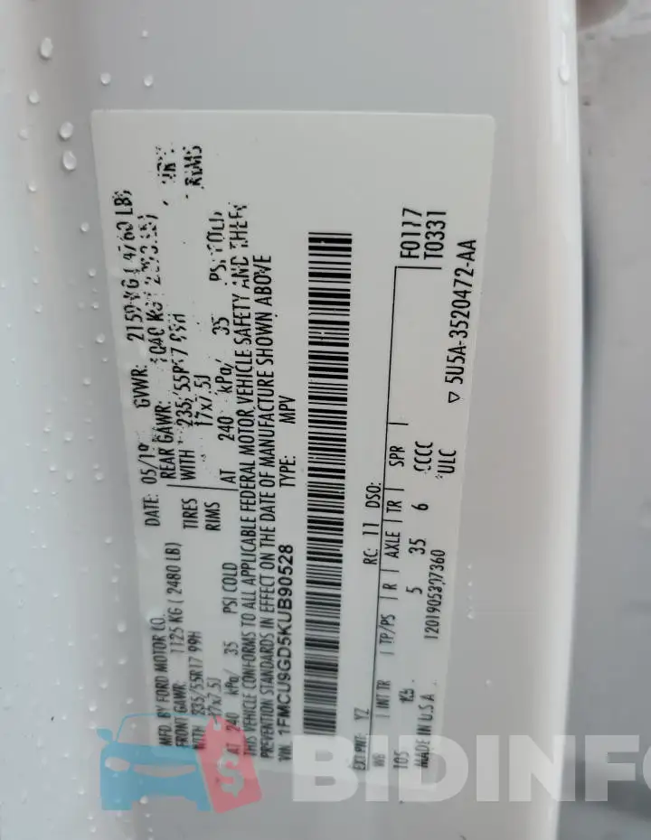 1FMCU9GD5KUB90528 Photo# 13