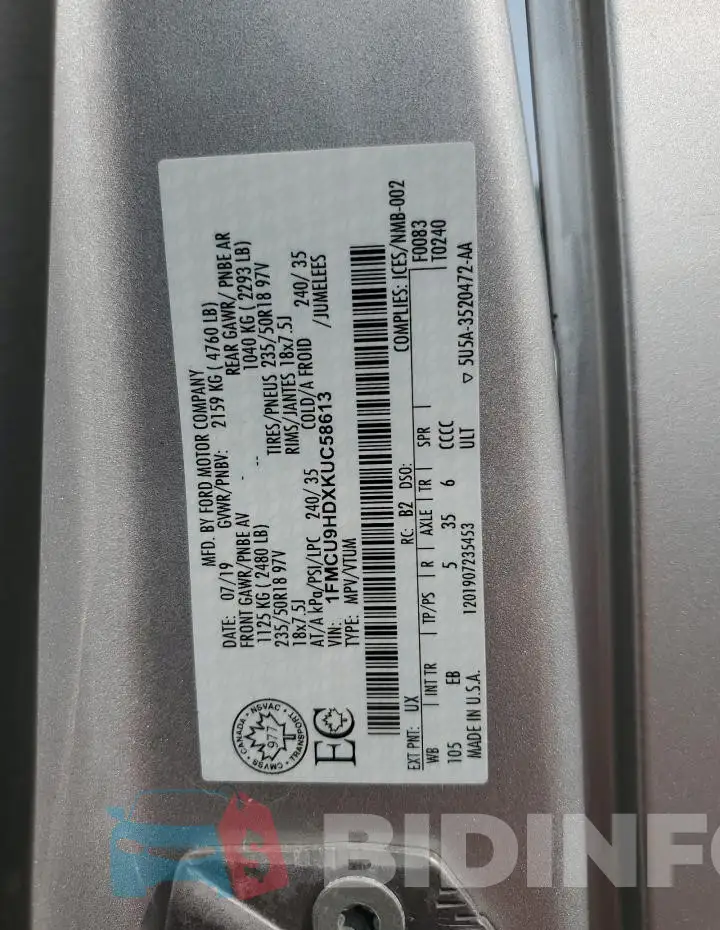 1FMCU9HDXKUC58613 Photo# 14
