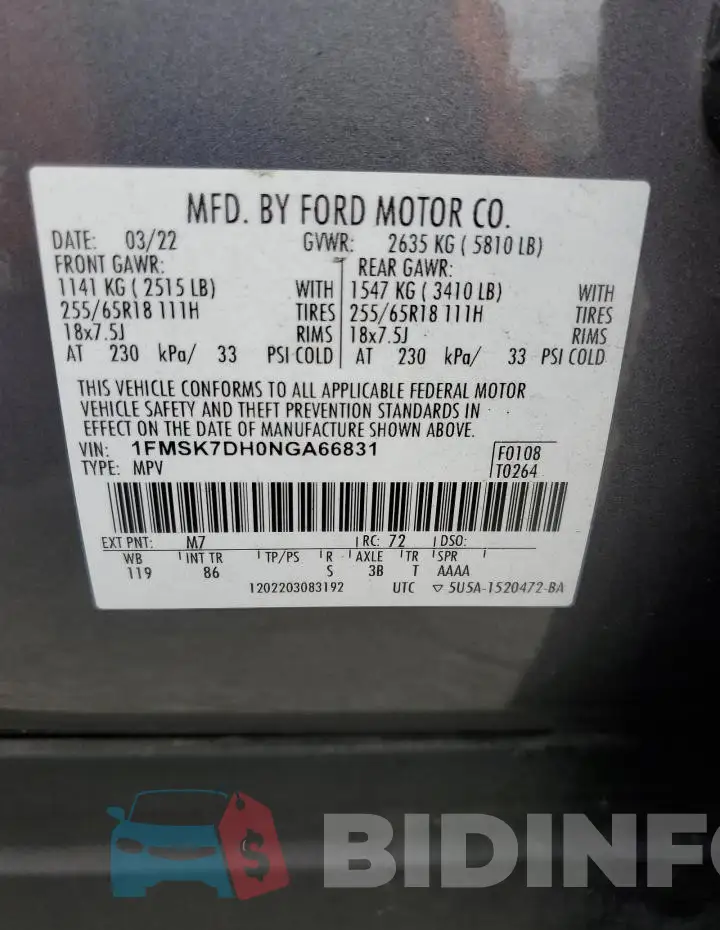 1FMSK7DH0NGA66831 Photo# 14