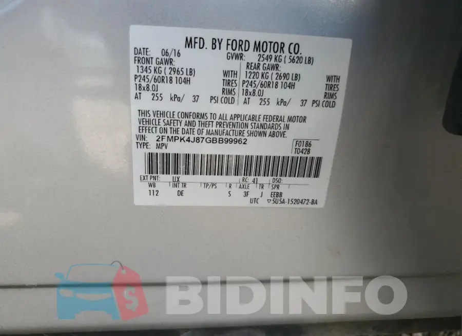 2FMPK4J87GBB99962 Photo# 14