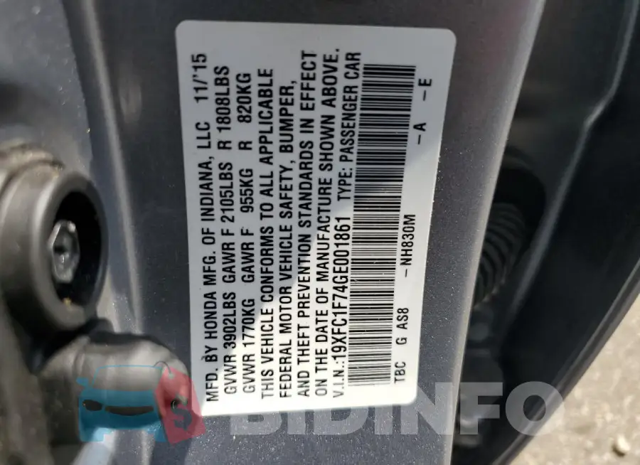 19XFC1F74GE001861 Photo# 12