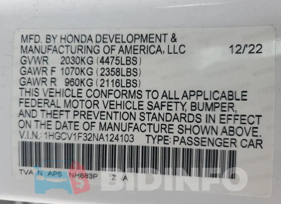 1HGCV1F32NA124103 Photo# 13