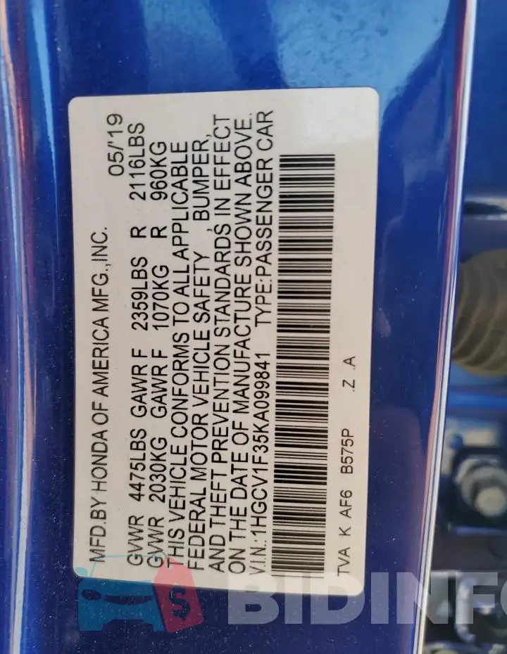 1HGCV1F35KA099841 Photo# 13