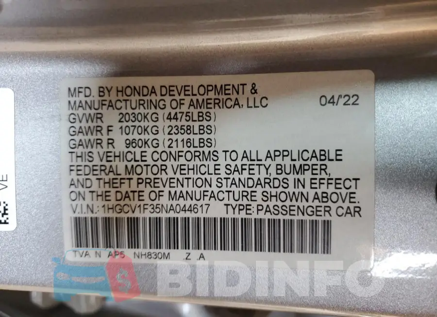 1HGCV1F35NA044617 Photo# 12